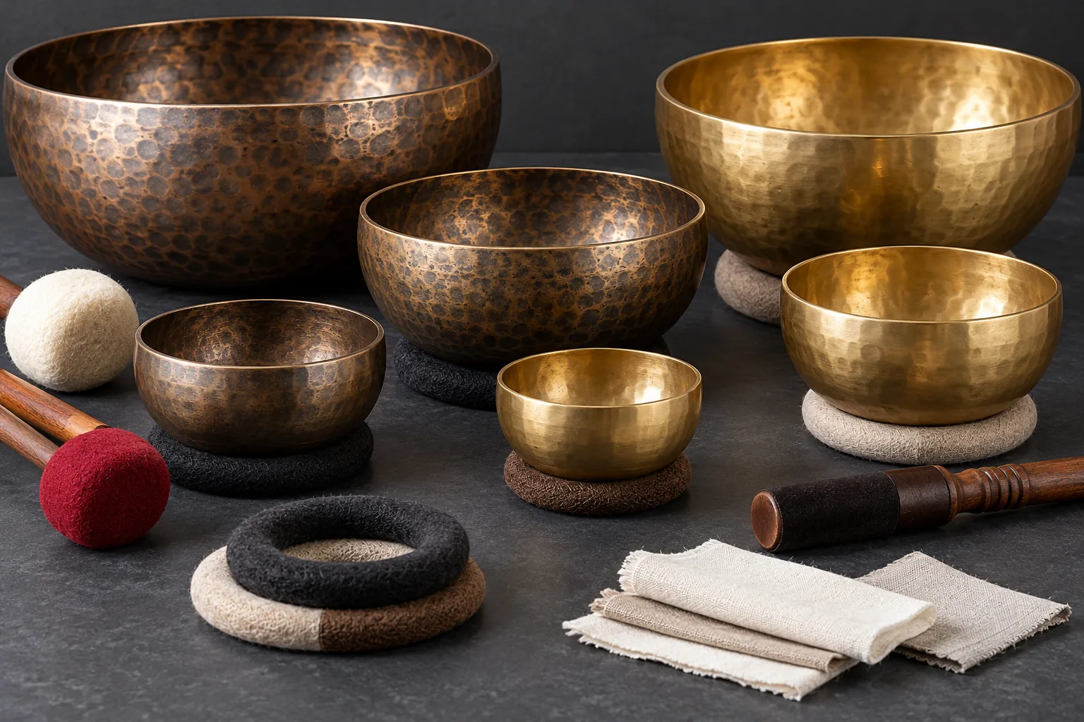 Singing bowls, mallets and cushions on a sound-instrument sampling table
